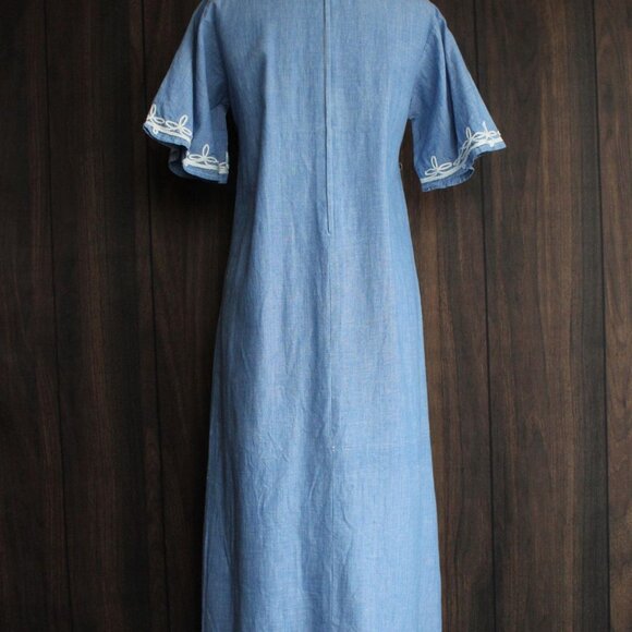 Vintage 1970s Caftan Dress, Blue Maxi Dress with White Embroidery, Traditional - Picture 10 of 10